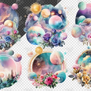 Akvarell blommig planet Clipart – Celestial Solar System PNG (digital nedladdning) bild 3
