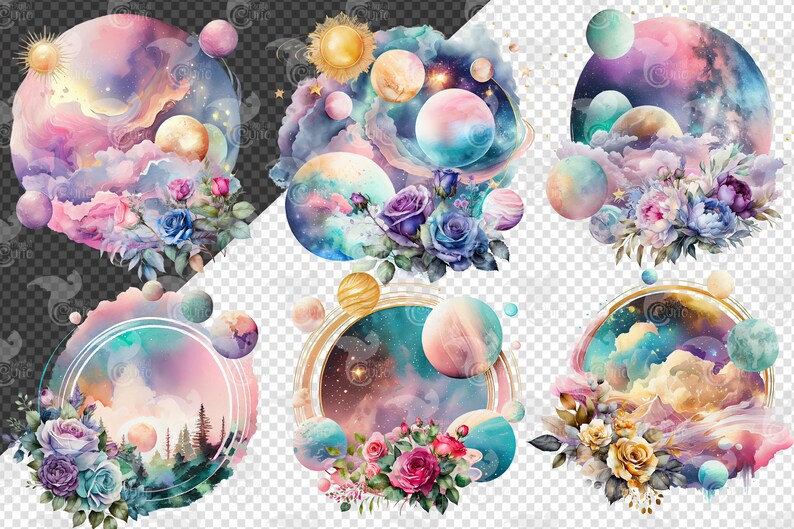 Akvarell blommig planet Clipart – Celestial Solar System PNG (digital nedladdning) bild 3