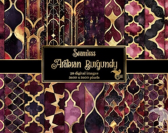 May include: A set of 28 digital seamless patterns featuring intricate geometric designs in shades of burgundy and gold. The patterns are inspired by traditional Arabian architecture and are perfect for creating unique backgrounds, textures, and designs.