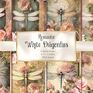 Romantic White Dragonflies Journal Paper, notebook digital paper rococo junk journal pages printable 8.5x11 inch A4 paper instant download