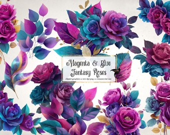 Fantasy Rose Clipart – Magenta & Blue Floral PNG Graphics