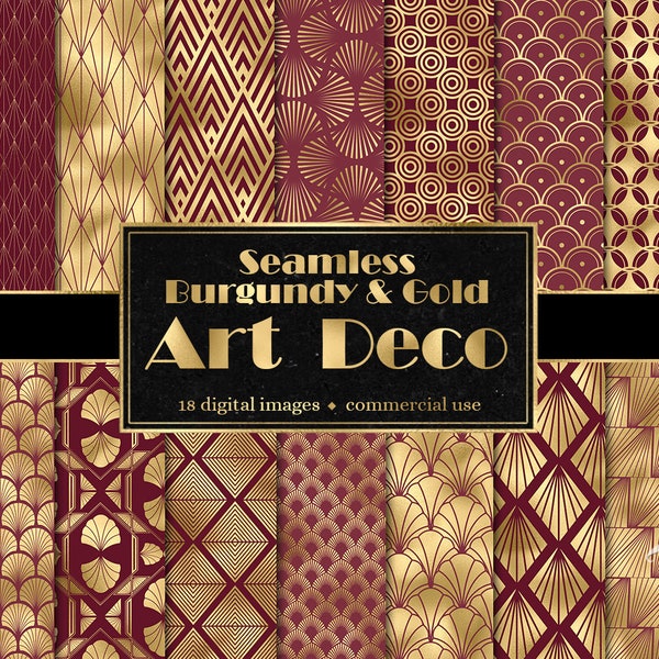 Burgundy and Gold Art Deco Digital Paper, seamless art deco patterns geometric printable scrapbook paper, instant download commercial use