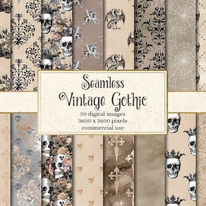 Seamless Vintage Gothic digital paper, skull damask Halloween scrapbook paper, printable distressed grunge texture, goth backgrounds