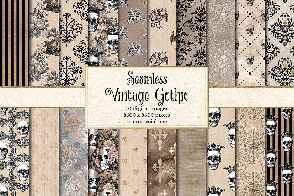Seamless Vintage Gothic digital paper, skull damask Halloween scrapbook paper, printable distressed grunge texture, goth backgrounds