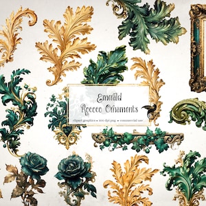 Könnte beinhalten: Ein Satz von 14 digitalen Clipart-Grafiken mit verzierten Ornamenten im Rokoko-Stil in Gold und Smaragdgrün. Die Ornamente umfassen florale Designs, Schnörkel und Rahmen. Der Text "Emerald Rococo Ornaments" ist im Bild enthalten.