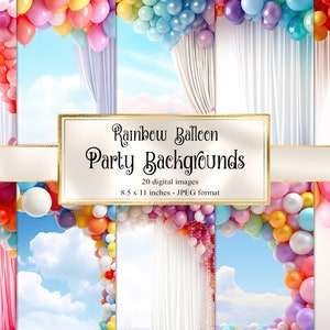 Rainbow Balloon Party Backgrounds, notebook digital paper fantasy junk journal pages printable 8.5x11 inch A4 paper instant download