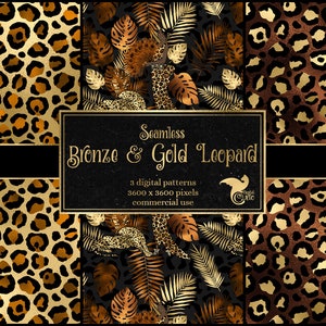 Bronze and Gold Leopard Digital Paper, seamless leopard spot patterns, safari animal print Art Deco style digital art commercial use