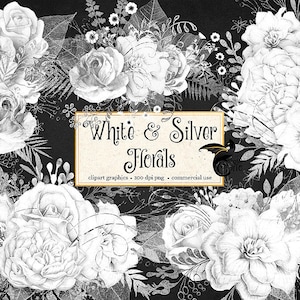 Weiße und silberne Blumen Clip Art, digitaler Download gemalt rustikale Aquarell Blume png Verzierungen, weiße Rose, silberne Glitzer Rosen