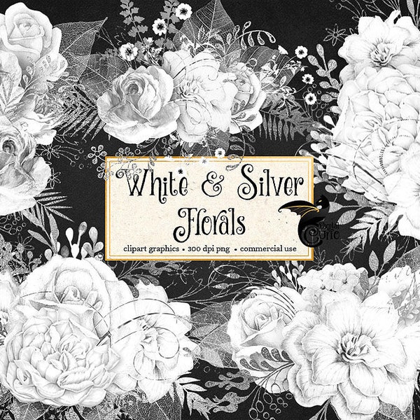 White and Silver Floral Clip Art, digital download painted rustic watercolor flower png embellishments, white rose, silver glitter roses