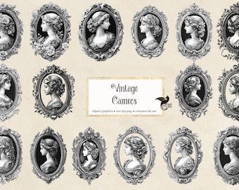 Vintage Cameos Clipart - Black and White Victorian Ephemera Digital Collage Sheets (Instant Download)