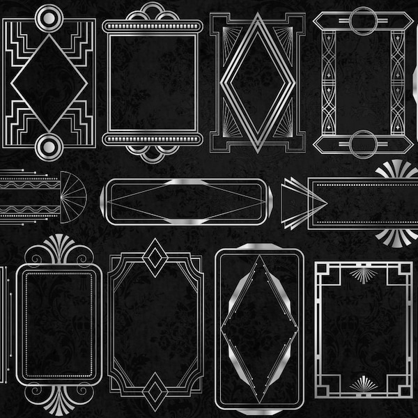 Silver Art Deco Frames Clipart - vintage retro frame PNG and vector clip art instant download for commercial use