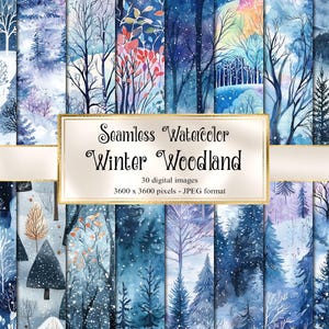 May include: A collection of 30 digital seamless watercolor winter woodland patterns. The patterns feature blue, white, and gray colors with trees, snow, and a wintery feel. The patterns are 3600 x 3600 pixels and in JPEG format.