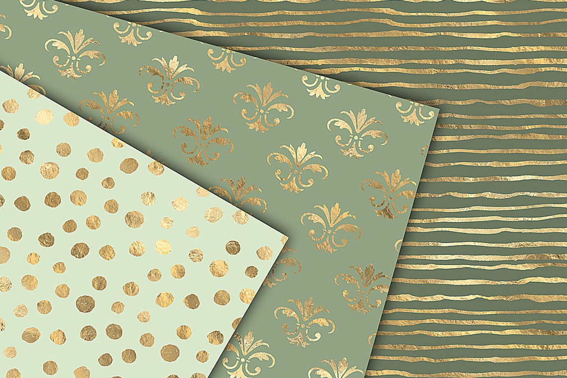 Sage and Gold Digital Paper Green Seamless Gold Foil - Etsy