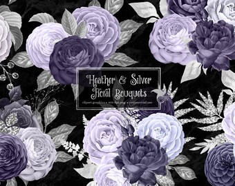 Heather and Silver Floral Bouquets Clipart, Purple Wedding Flowers (Digital Download)