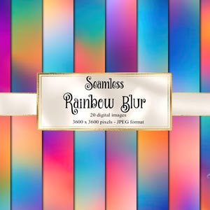 May include: A set of 20 digital seamless rainbow blur patterns in JPEG format. Each pattern is 3600 x 3600 pixels and features a gradient of vibrant colours.