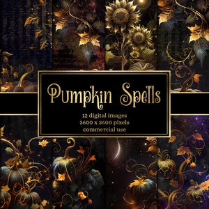 Pumpkin Spells Digital Paper -  dark galaxy magic floral grunge textures printable scrapbook paper backgrounds instant download