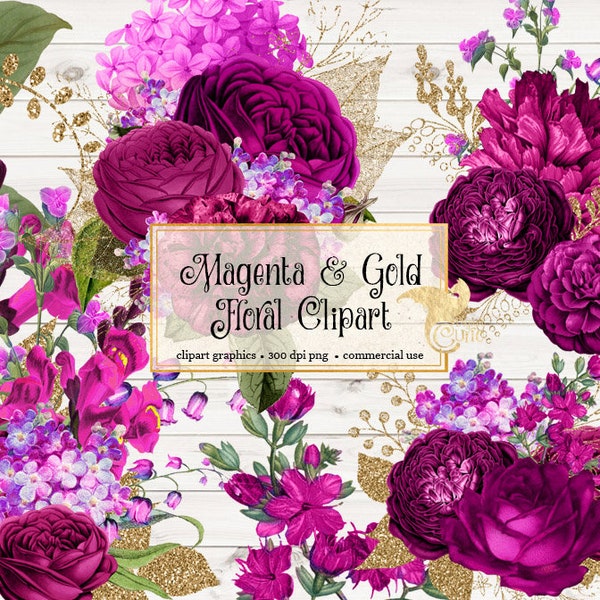 Magenta and Gold Floral Clipart rustic wedding rustic burgundy pink and gold glitter flowers vintage antique clip art embellishments