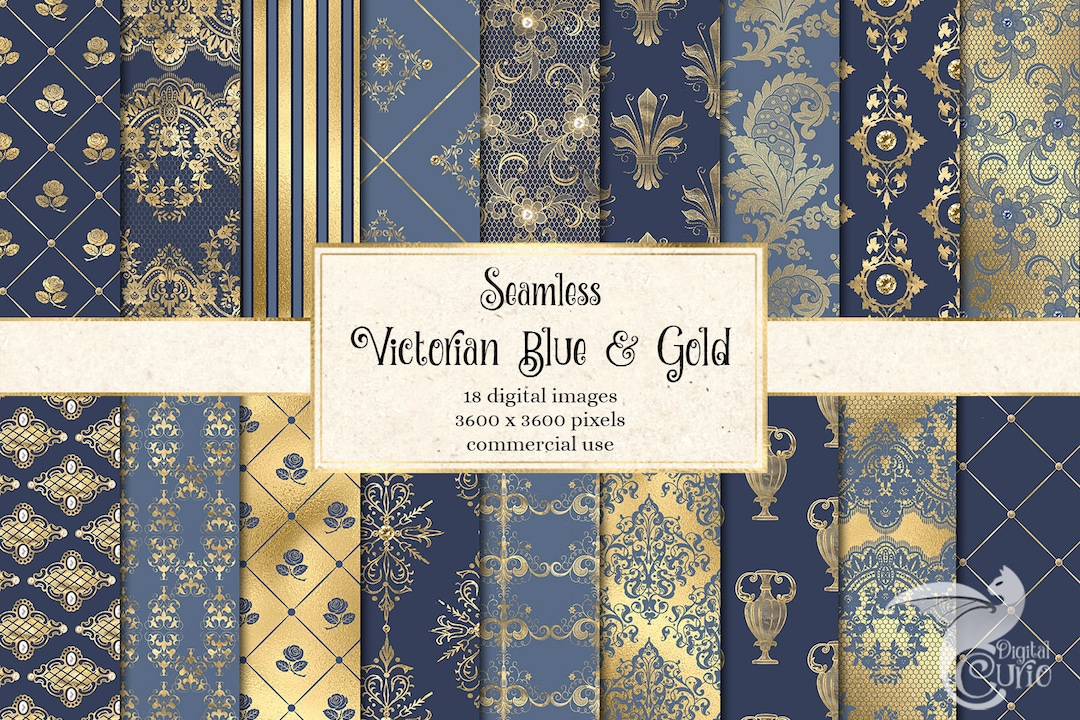 Victorian Blue and Gold Digital Paper, Damask Ornaments (digital ...