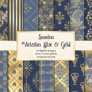 Viktorianisches Digitales Papier in Blau und Gold, verzierte nahtlose Muster mit Damast-Ornamenten und druckbarer Goldfolie für den kommerziellen Gebrauch