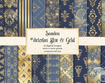 Victorian Blue and Gold Digital Paper, ornate seamless patterns with damask ornaments and printable gold foil for commercial use