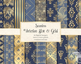 Victorian Blue and Gold Digital Paper, Damask Ornaments (digital ...