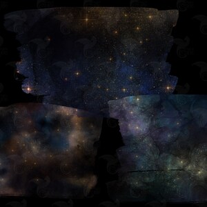 May include: Three abstract watercolor paintings of a galaxy with stars and nebulae in shades of blue, purple, and gold.