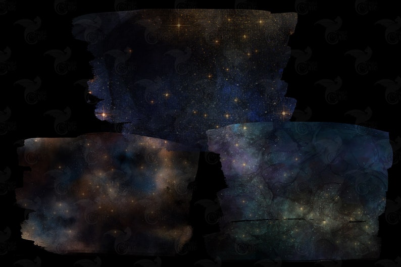 May include: Three abstract watercolor paintings of a galaxy with stars and nebulae in shades of blue, purple, and gold.