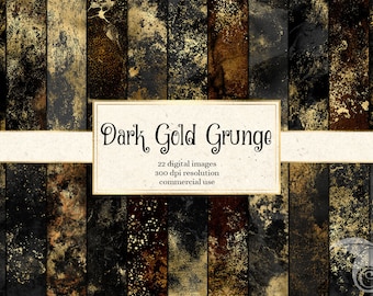 Dark Gold Grunge Digital Paper, black and gold distressed texture backgrounds with metallic gold foil instant download for commercial use