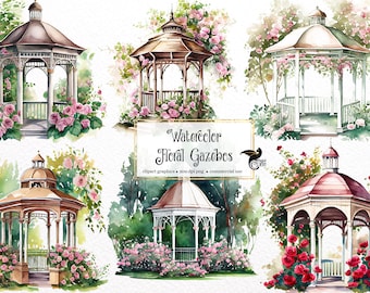 Watercolor Floral Gazebos Clipart - wedding gazebo PNG format instant download for commercial use