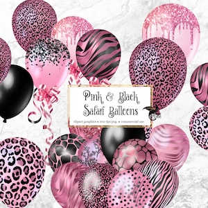 Roze en zwarte Safari Ballonnen Clipart, glitter safari party clipart voor verjaardagen PNG formaat instant download voor commercieel gebruik