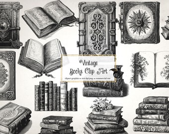 Vintage Books Clipart – Grimoire, Fantasy Graphics (Instant Download)