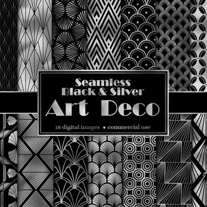 Schwarz und Silber Art Deco Digital Paper, nahtloses Deco Muster in Silberfolie schimmern sofort download für kommerzielle Nutzung