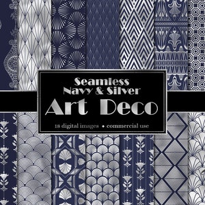 Marine und Silber Art Deco Digital Paper, nahtlose Deko Muster in Silberfolie schimmern sofort download für kommerzielle Nutzung