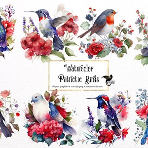 Clipart oiseaux patriotiques aquarelle - oiseaux floraux rouges blancs et bleus en téléchargement instantané au format PNG pour un usage commercial