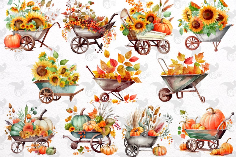 May include: A collection of ten watercolor illustrations of wheelbarrows filled with fall harvest items. The wheelbarrows are filled with pumpkins, sunflowers, fall leaves, and gourds. The illustrations are painted in a realistic style with a white background.