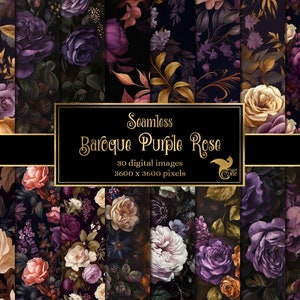 Baroque Purple Rose Digital Paper, seamless dark floral backgrounds pattern gothic rococo floral oil paint textures
