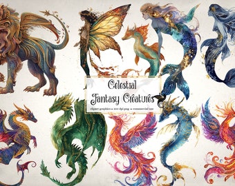 Celestial Fantasy Creatures Clipart, medieval illustrations clip art graphics, ephemera instant download