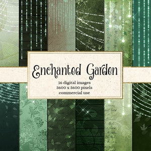 May include: A digital paper pack with 16 images featuring green and white patterns with sparkling lights. The text "Enchanted Garden" is in the center of the image. The text "16 digital images 3600 x 3600 pixels commercial use" is below the title.