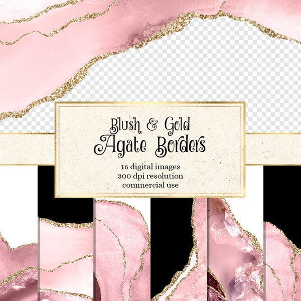 Blush and Gold Agate Borders, digital watercolor pink geode PNG overlays with gold glitter for commercial use in invitations or web design
