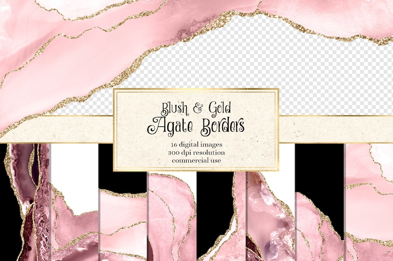 Blush and Gold Agate Borders, digital watercolor pink geode PNG overlays with gold glitter for commercial use in invitations or web design 