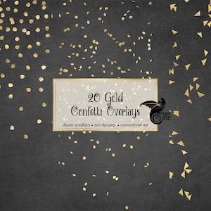 20 Gold Confetti Overlays in PNG format with transparent backgrounds, digital gold foil confetti clipart instant download for commercial use
