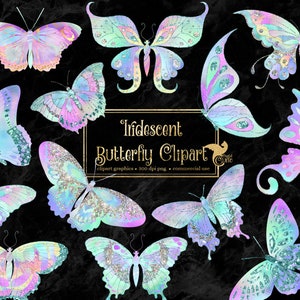 May include: A set of 12 iridescent butterfly clip art graphics. The butterflies are in various shades of blue, purple, and pink with glitter accents. The butterflies are on a black background.