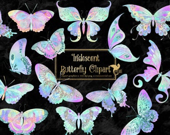 Iridescent Butterfly Clipart, rainbow pastel glitter butterflies instant download for commercial use