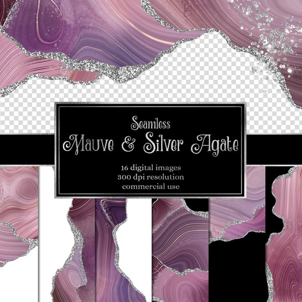Mauve and Silver Agate Borders, seamless digital geode PNG overlays with silver glitter for commercial use wedding invitation or web design