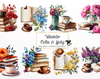 Watercolor Coffee and Books Clipart - cute rustic floral desk scenes in PNG format instant download for commercial use