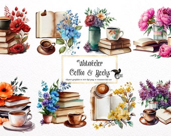 Watercolor Coffee and Books Clipart - Rustic Floral PNG (Commercial Use)
