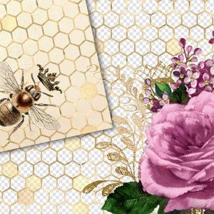 May include: A digital collage featuring a bee with a crown on a honeycomb background and a pink rose with purple flowers on a gold honeycomb background.