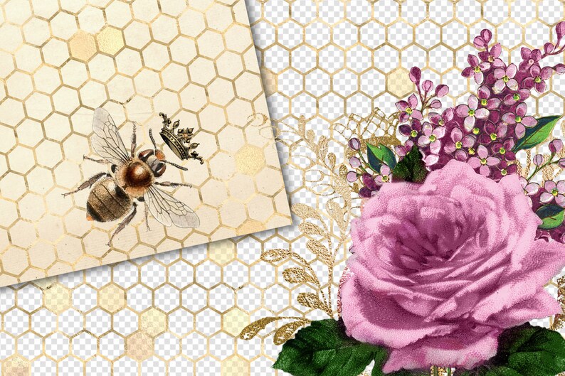 May include: A digital collage featuring a bee with a crown on a honeycomb background and a pink rose with purple flowers on a gold honeycomb background.