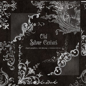 May include: A set of eight silver corner designs with intricate floral patterns on a black background. The text "Old Silver Corners" is in the center of the image. The text "clipart graphics - 300 dpi png - commercial use" is below the title.