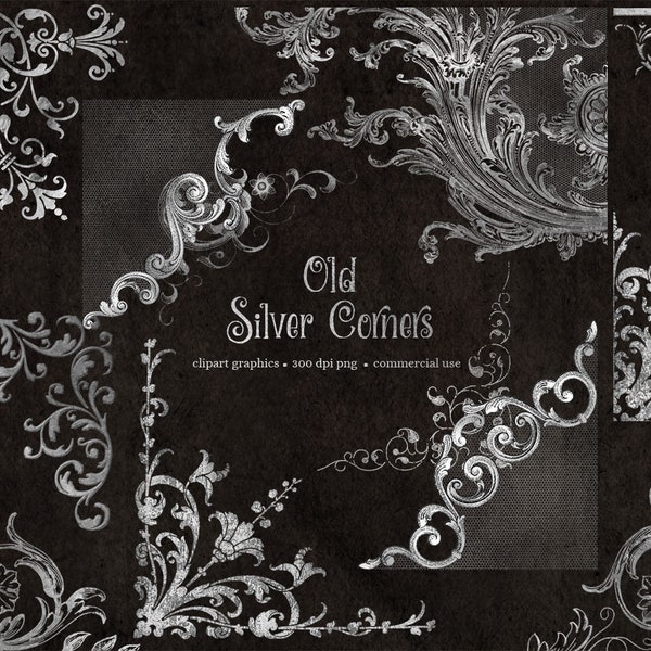 Old Silver Corners Clipart - vintage antique ornamental corner border clip art, png commercial use instant download ornament graphics